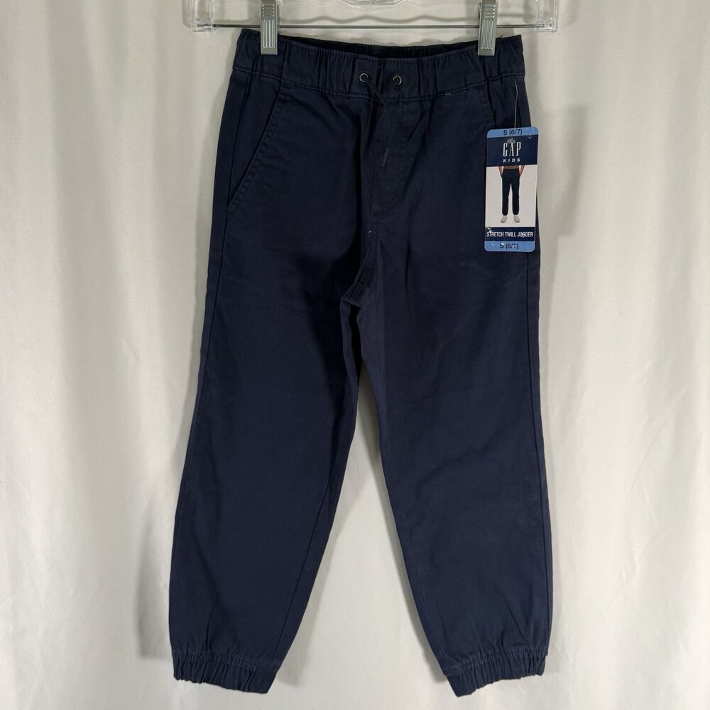 New Gap Twill Joggers Boys Small 6/7 Blue Pull On Drawstring Stretch Cotton Blen